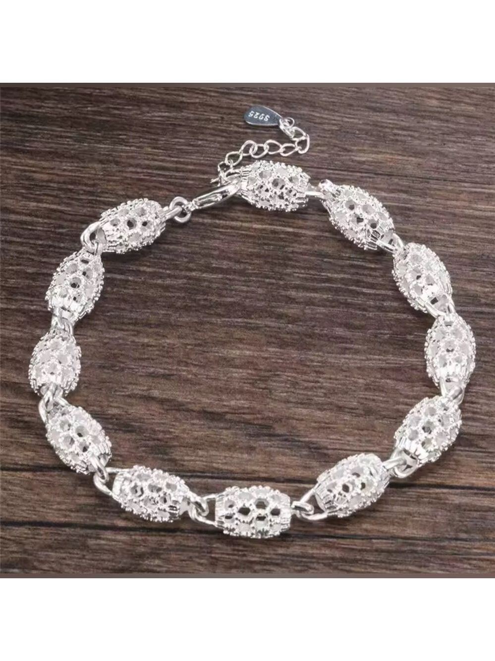 NIB S925 Sterling Silver Flower Beads Bracelet Hollow Ball Adjustable Chain